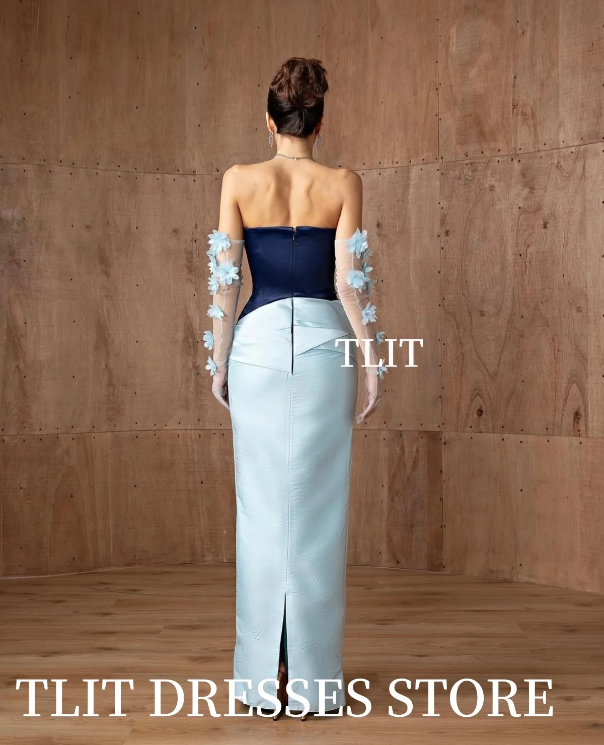فساتين سهرة أنيقة بحورية البحر باللون الأزرق من TLIT مخصصة من التول مع فساتين حفلات بدون حمالات على شكل زهور