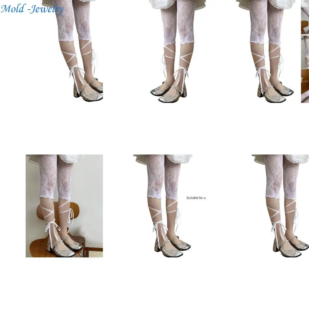 

69HB Women Half Slip Flower Lace Cropped Pants Capris Leggings with Tie Strap