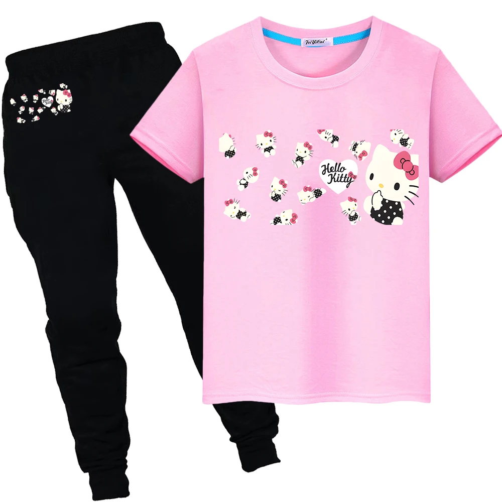 

hello kitty Print 100%Cotton Cartoon T-shirt Summer boys girls Sports Sets Short+pant Kawaii anime Tshirts kids boutique clothes