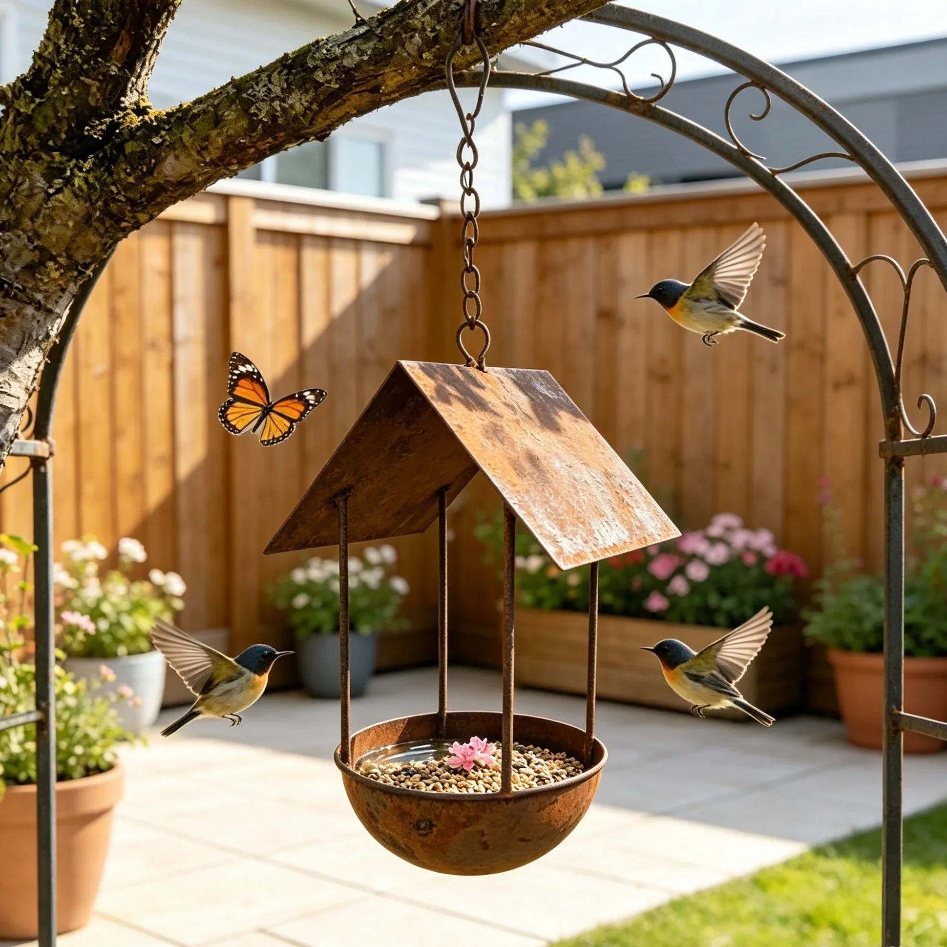 Rusty Iron Hanging Bird Feeder Hut Rainproof Decor Outdoor Hangable Mounted Bird House Water Feeding for Balconies Garden Yard
