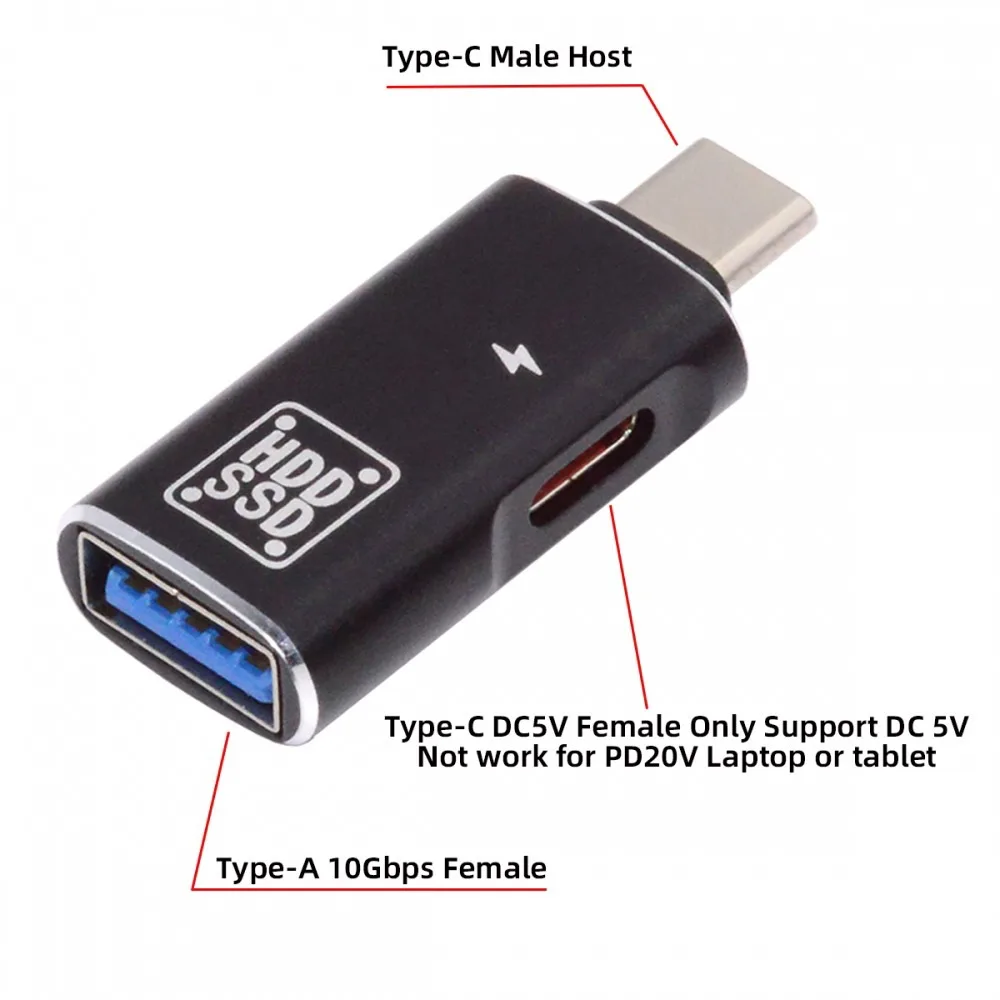 MDR USB-C Type-C OTG para USB 3.0 adaptador fêmea, alimentação para tablet e telefone, 10GBPS, DC 5V