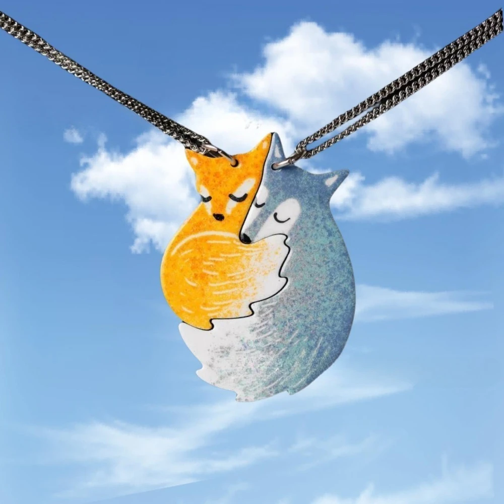2pcs Set Cute Creative Fox Wolf Snuggle Up Pendant Necklace Earrings for Women Men Couple Friend Cartoon Trendy Jewelry Set Gift