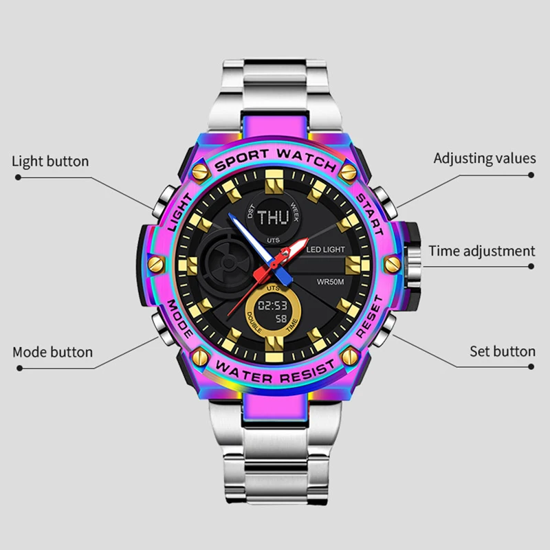 Brand Luxury Sports Quartz Chronograph Casual Waterproof Dual Display Watch Men's FOXBOX Stainless Steel Watch Military