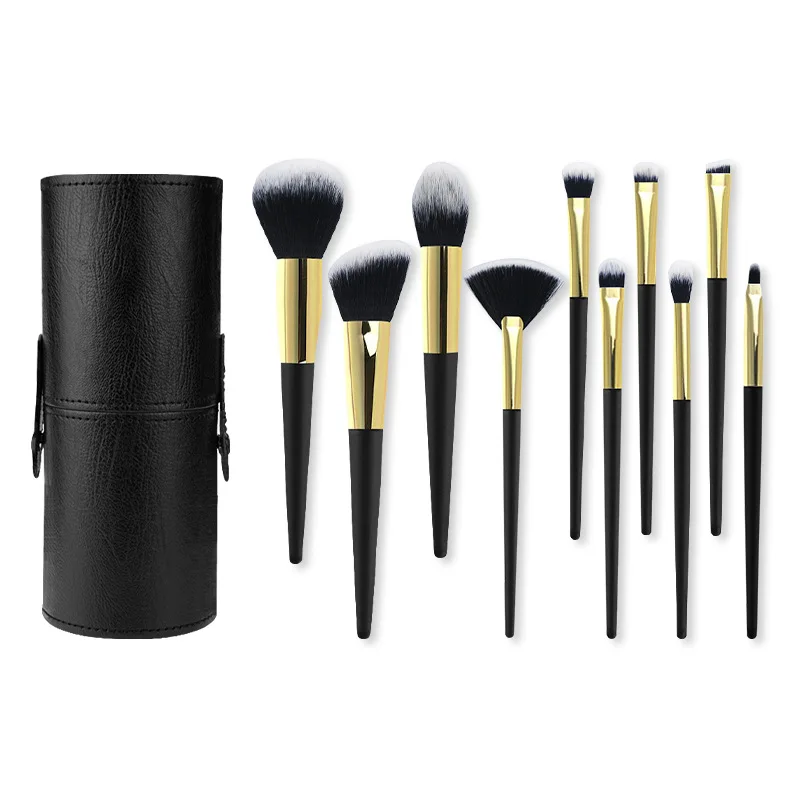 

10Makeup Brush Suit Bright Black Handle Bright Gold Tube Soft Hair Beauty Tools Full Set of Brushes