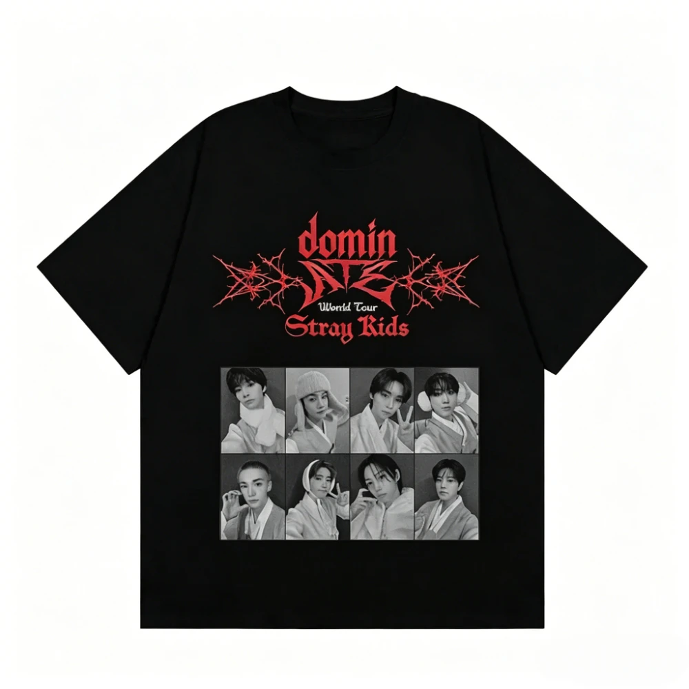 Stray Kids Domin ATE World Tour 8 Photo Grid T-Shirt Cotton Short Sleeve Retro Gothic K-Pop Fan Concert Casual Graphic Tee