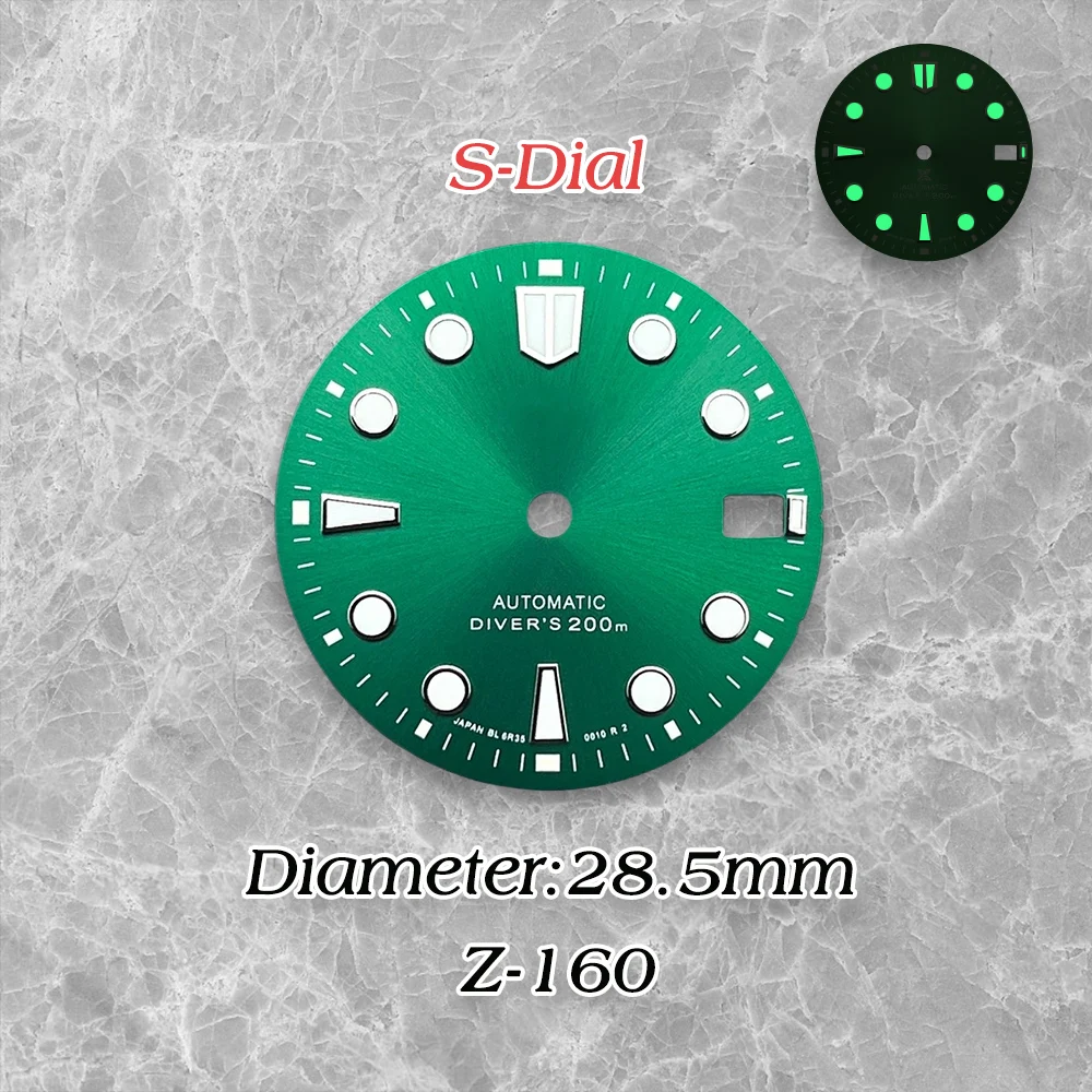 High Quality 28.5mm S Logo NH35 Sunray Dial Green Luminous  For NH35/NH36/4R/7S Movement  NH35 Modificat Accessories  ﻿ ﻿ ﻿