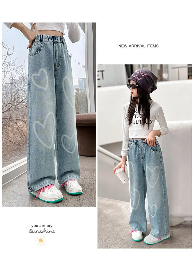 Hochwertige Jeans für große Mädchen mit Herzmuster, Neuheit 2024, Frühjahr/Herbst, modische weite Hosen, lockere Schulhosen für Kinder – Detail 4