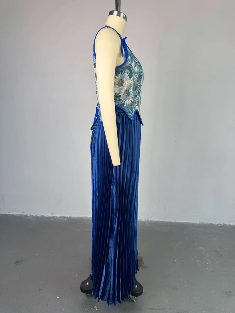 Damen-Kleider-Sets, Blumendruck, Korsett-Oberteil, hohe Taille, plissiert, lange Maxiröcke, Anzug, 2025, Party, Abend, 2-teiliges Set, Outfit – Detail 8