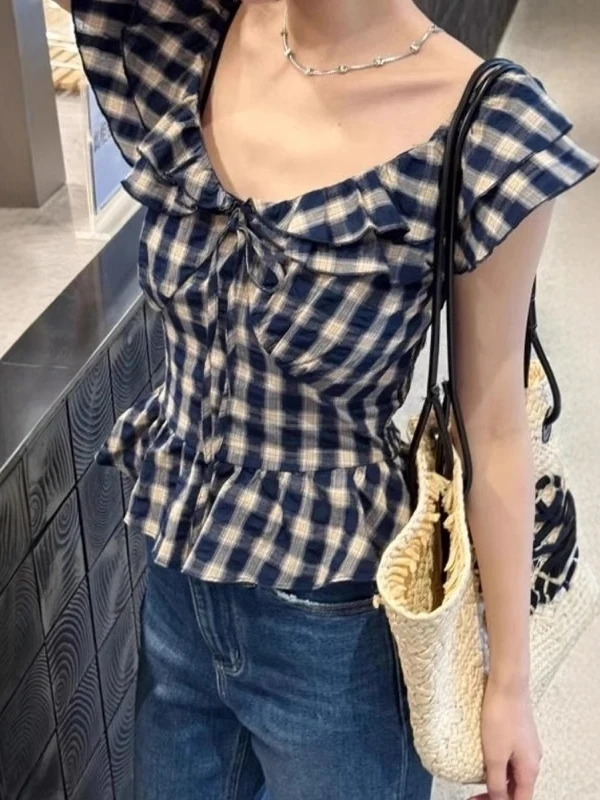 

Elegant Blue Plaid Shirt Women's Slim Fit Knot Short Sleeve Flying Sleeve Top for Important Occasions Korean Style