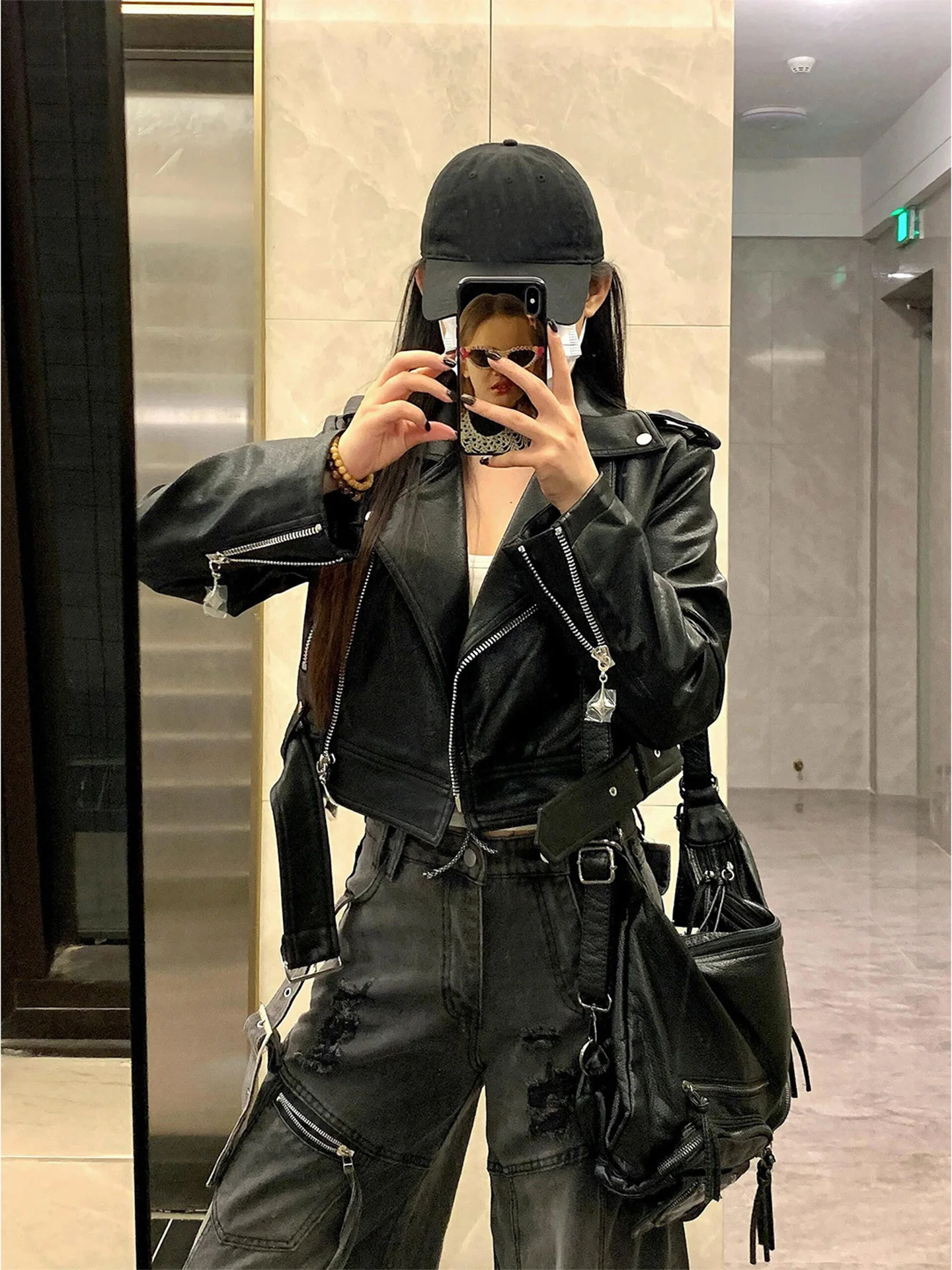 

Premium Bla PU Leather Biker Jaet ort Women's Outerwear Autumn 2026 Faion ature Motorcycle Clothing Top