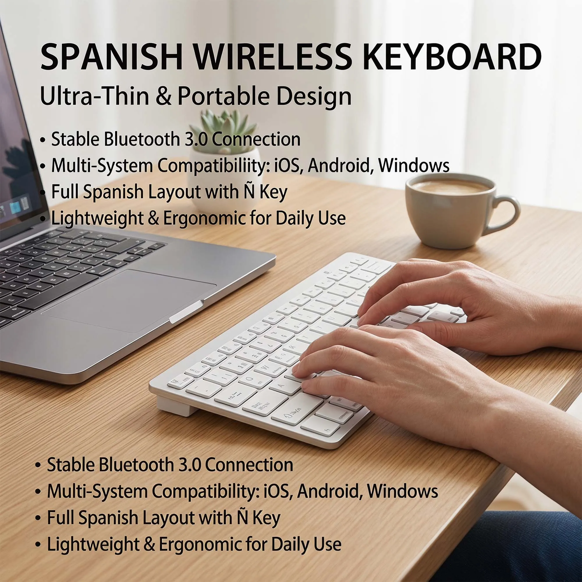 Spanish Language Ultra Thin Lightweight Low Noise Keyboards for iPad/iPhone/MacBook Air for Laptop/Computer/Surface