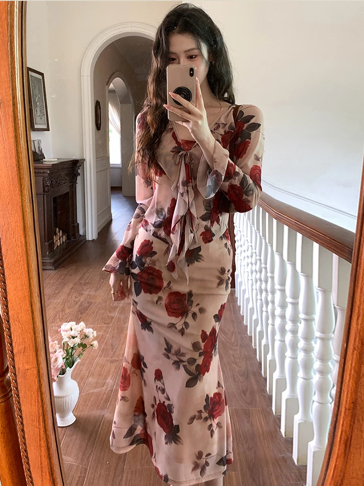 Women Vacation Clothes Sweet Floral Print 2 Piece Outfit Sexy Sling Slim Dress And Ruffled Tops Coat Set Suits Casual Autumn New