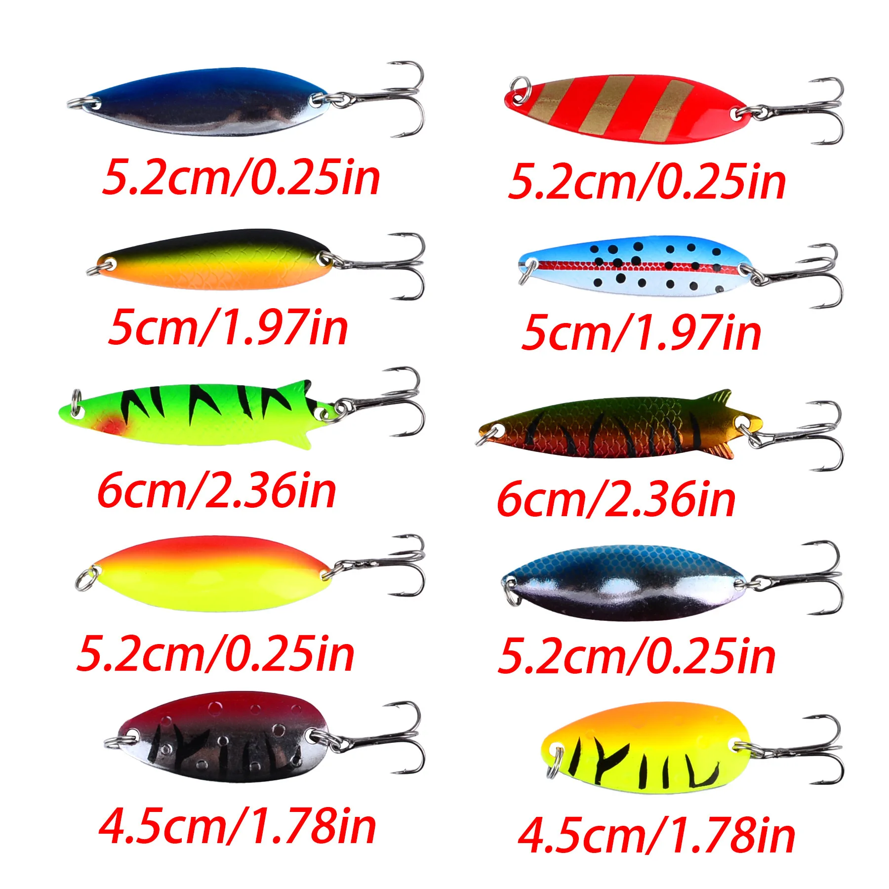 Conjunto de iscas de colher de 10 peças, kit de colheres de pesca de metal múltiplos 4.5-6cm 5.3-10.5g, elenco longo para truta de água doce pique baixo