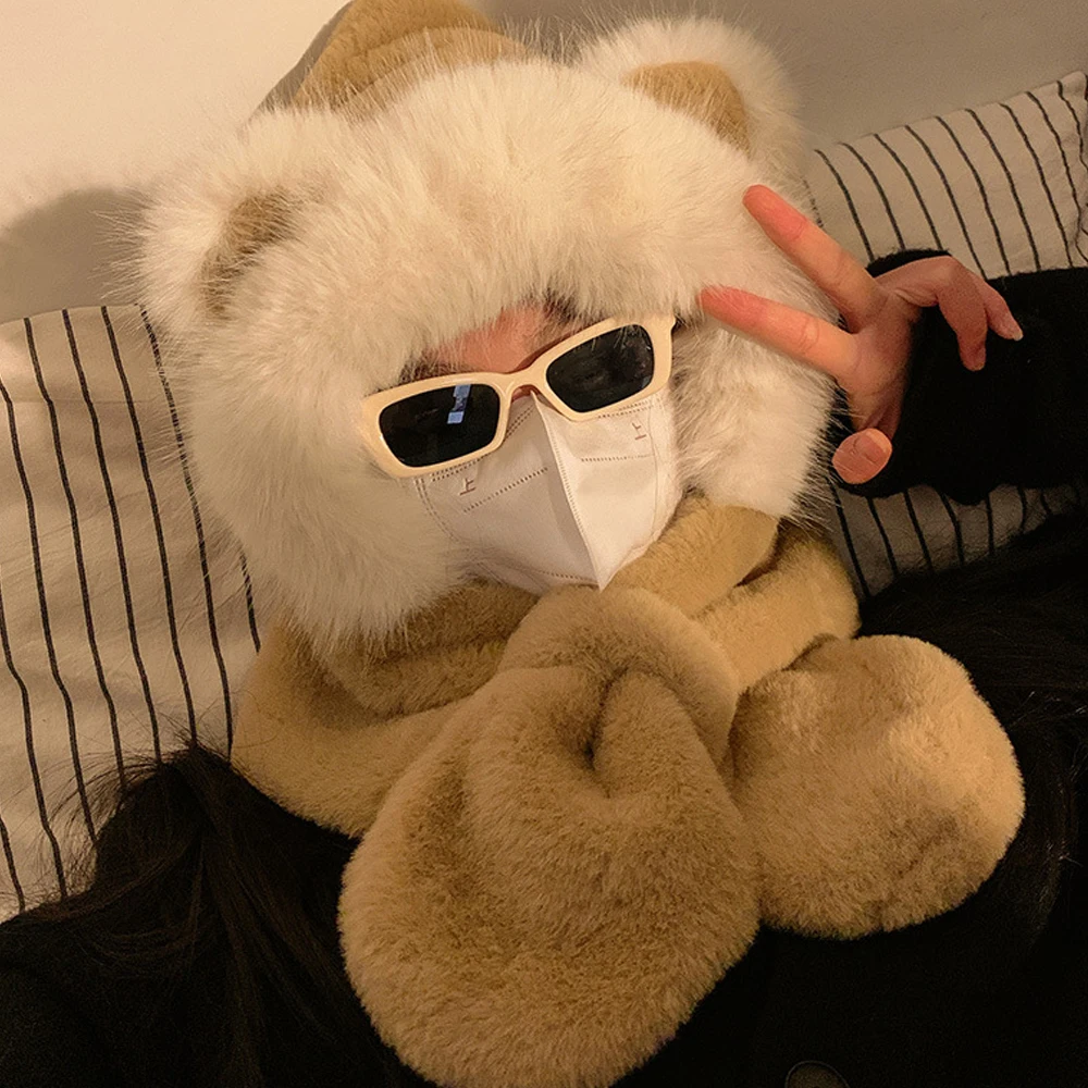 لطيف وجميل الكرتون قبعة للفتيات وشاح قطعة واحدة قبعة سميكة زائد الصوف المرأة قبعات الشتاء صديقها أول الشتاء هدية