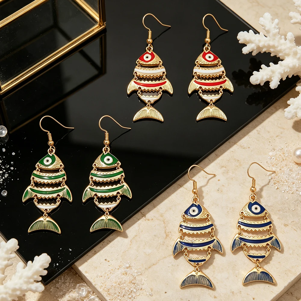 Summer Island Style Color-Blocked Fish Earrings, Dynamic and Movable Fish Ear Pendants, Ethnic-Inspired Atmospheric Earrings