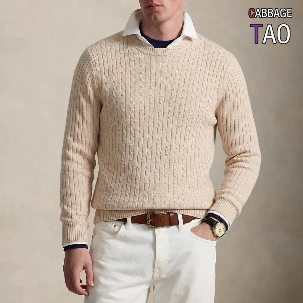 Mens Long Sleeve Knit Jumper Round Neck Cable Pullover Winter Tailored Fit Casual Sweaters Thermal Plain Tone Cozy Knit Apparel