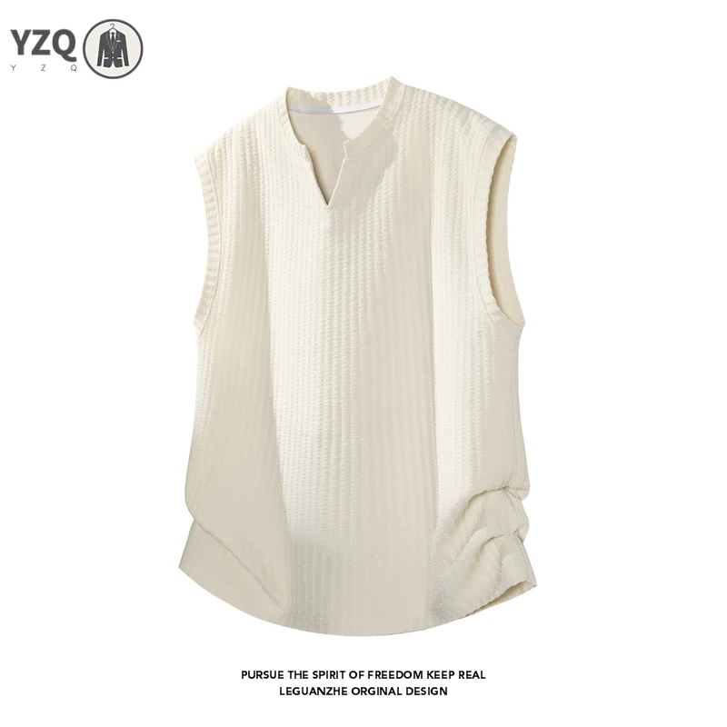 Men Oversized Curved Hem Sleeveless Tank Top Notched Neck Vertical Rib Knit For Summer Street Wear And Home Relax Use