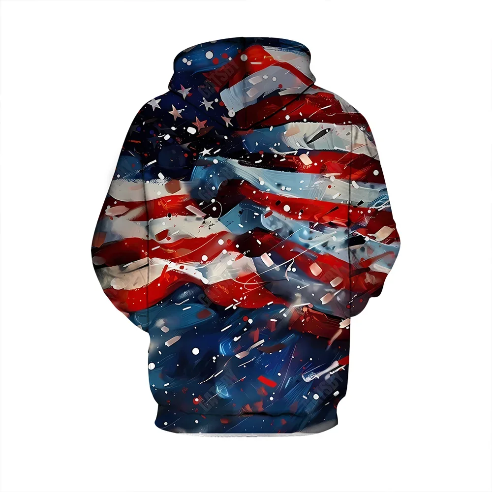Men's Plus Size US Flag Pullover Hoodie, Red, White and Blue Paint Splash Print, Angled Stars and Stripes on the Front, S-9XL