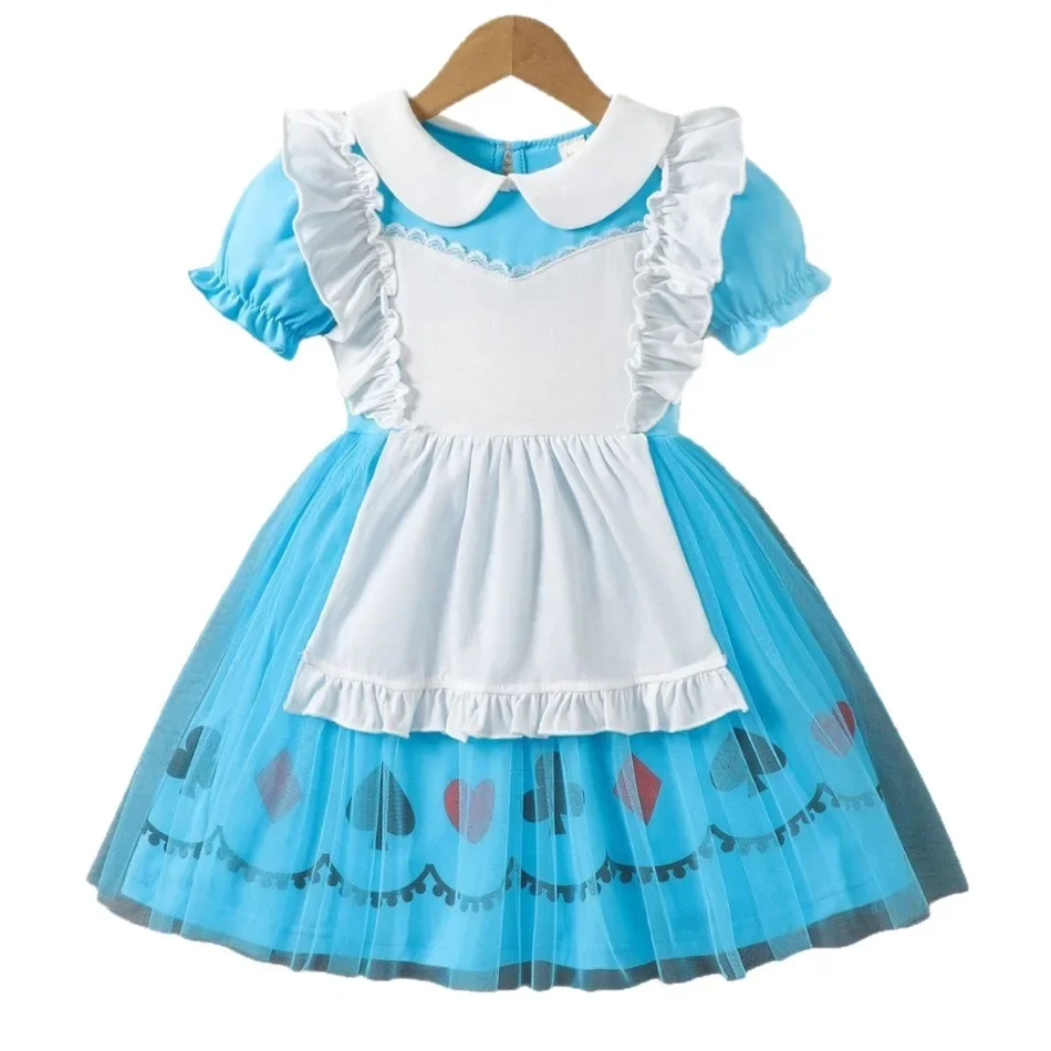Kids Apron Maid Play Tulle Dress Short Puff Sleeve Lolita Princess Outfit Girls Alice Dress Up Costume Birthday Party Dress ZD36