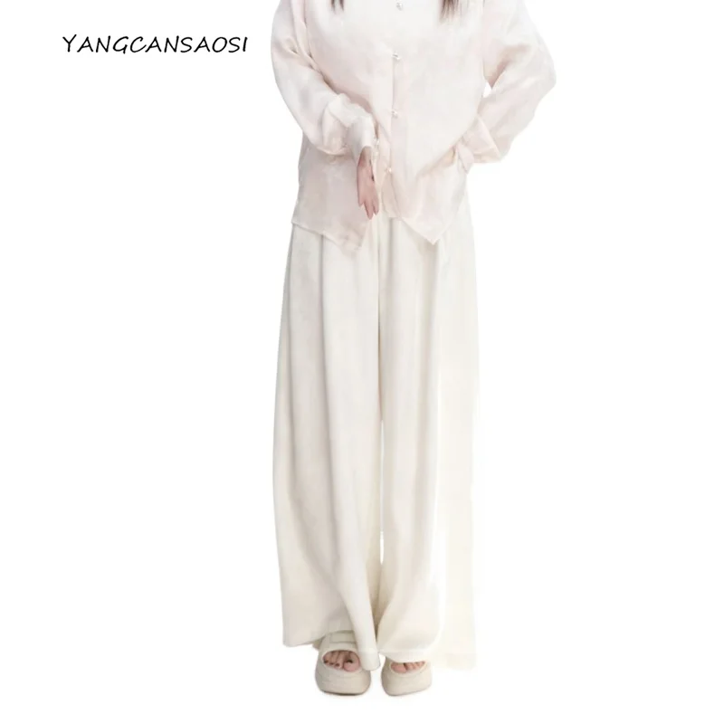 

2025 Women's Fashion Clothing 100% Natural Mulberry Silk Jacquard Flower Rose White High Waist Loose Casual Lazy Wide Leg Pants