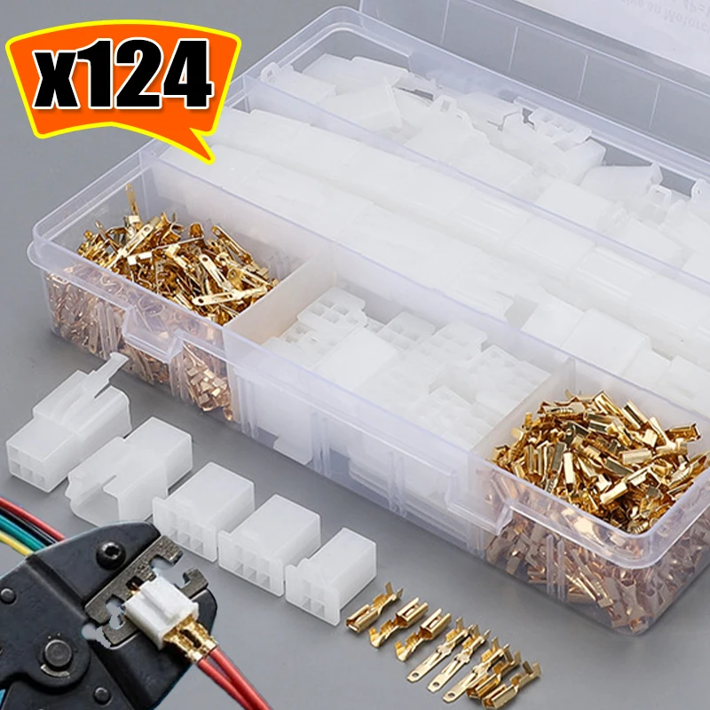 124PCS Car Motorcycle Electrical Connectors Set 2.8mm 2 3 4 6 Pin Wire Terminal Hooks for Male & Female Terminals Assorted Kit