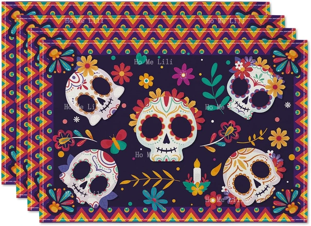 Skull Flower Day Dead Halloween Placemat Used For Party Kitchen Dining Decorations