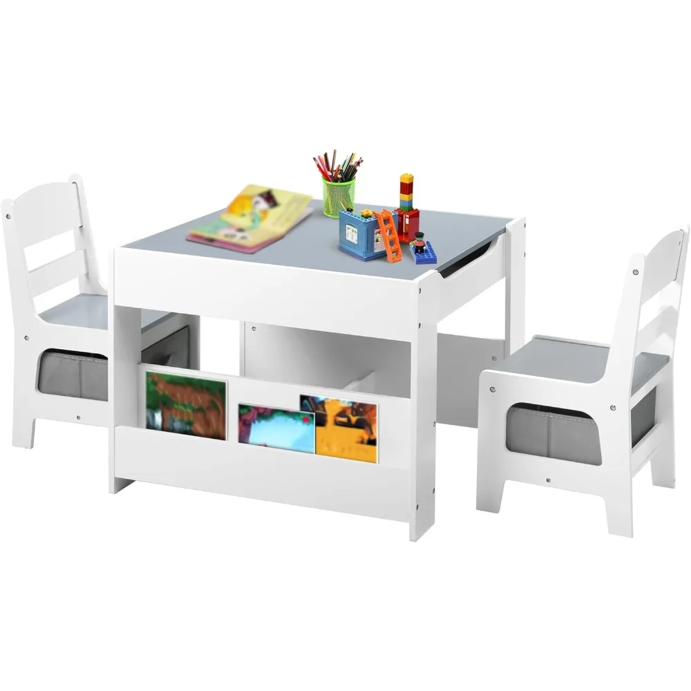 Kids Wood Table & 2 Chairs Set, 4 in 1 Children Activity Table w/Double Bookcase, Blackboard, Toddler Furniture Set