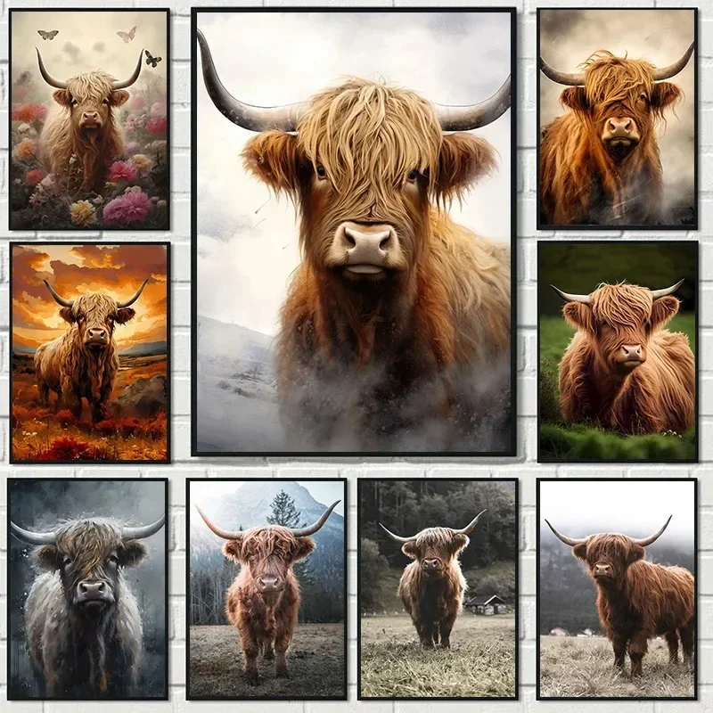 Scottish Highland Cow Wild Animal Nordic Nature Landscape Wall Art Minimalist Canvas Painting Posters for Modern Home Decor