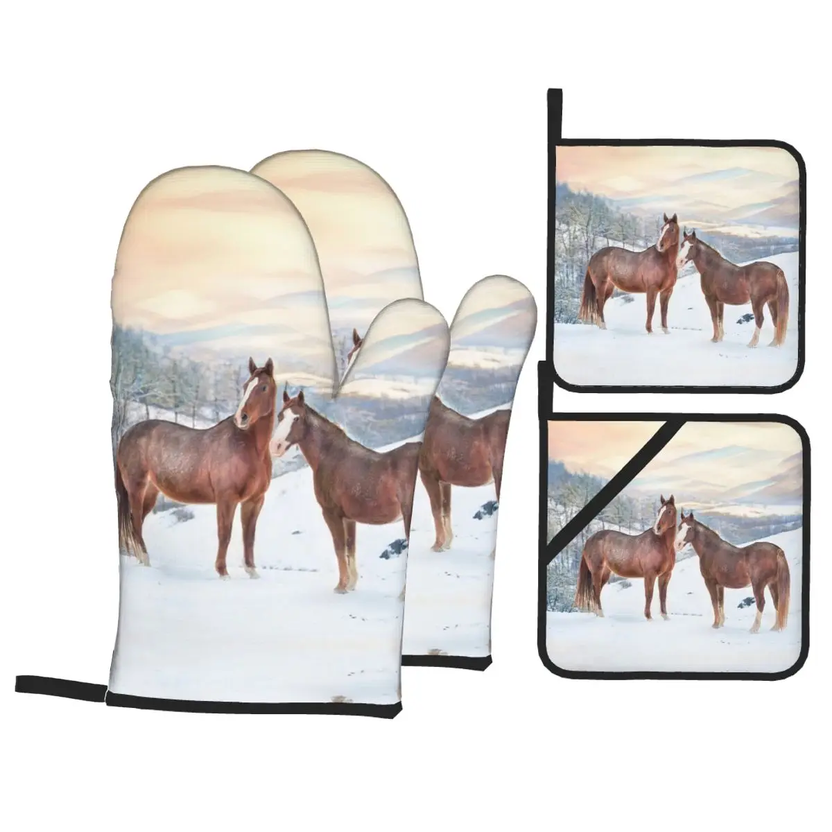 Horses With Snow And Sunset Hills Oven Mitts and Pot Holder Sets of 4 for Baking Kitchen Cooking BBQ Resistant Non-Slip Gloves