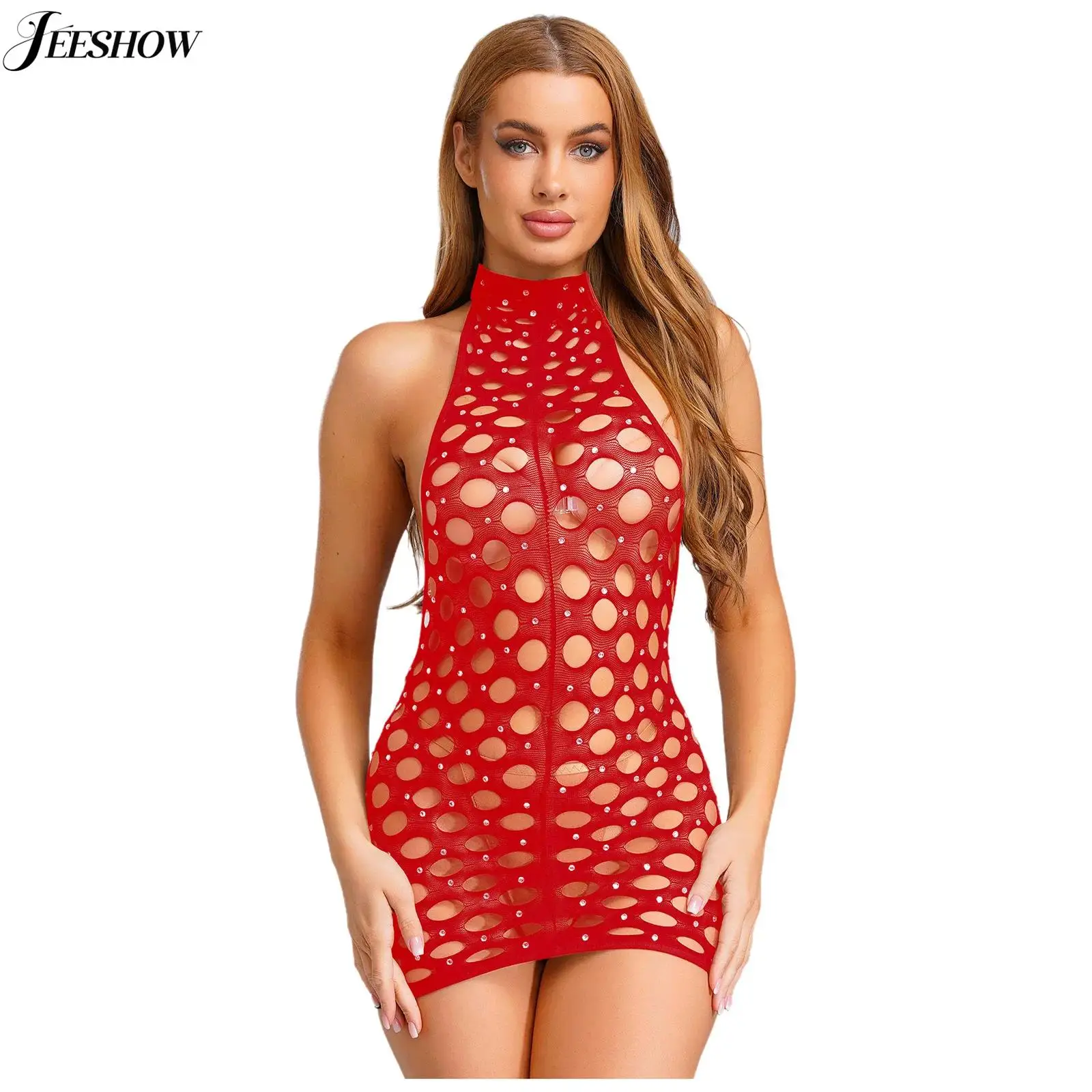 

Womens Shiny Rhinestone Fishnet Mini Dress See Through Hollow Out Halter Neck Backless Bodycon Dress Bikini Swimwear Cover Ups