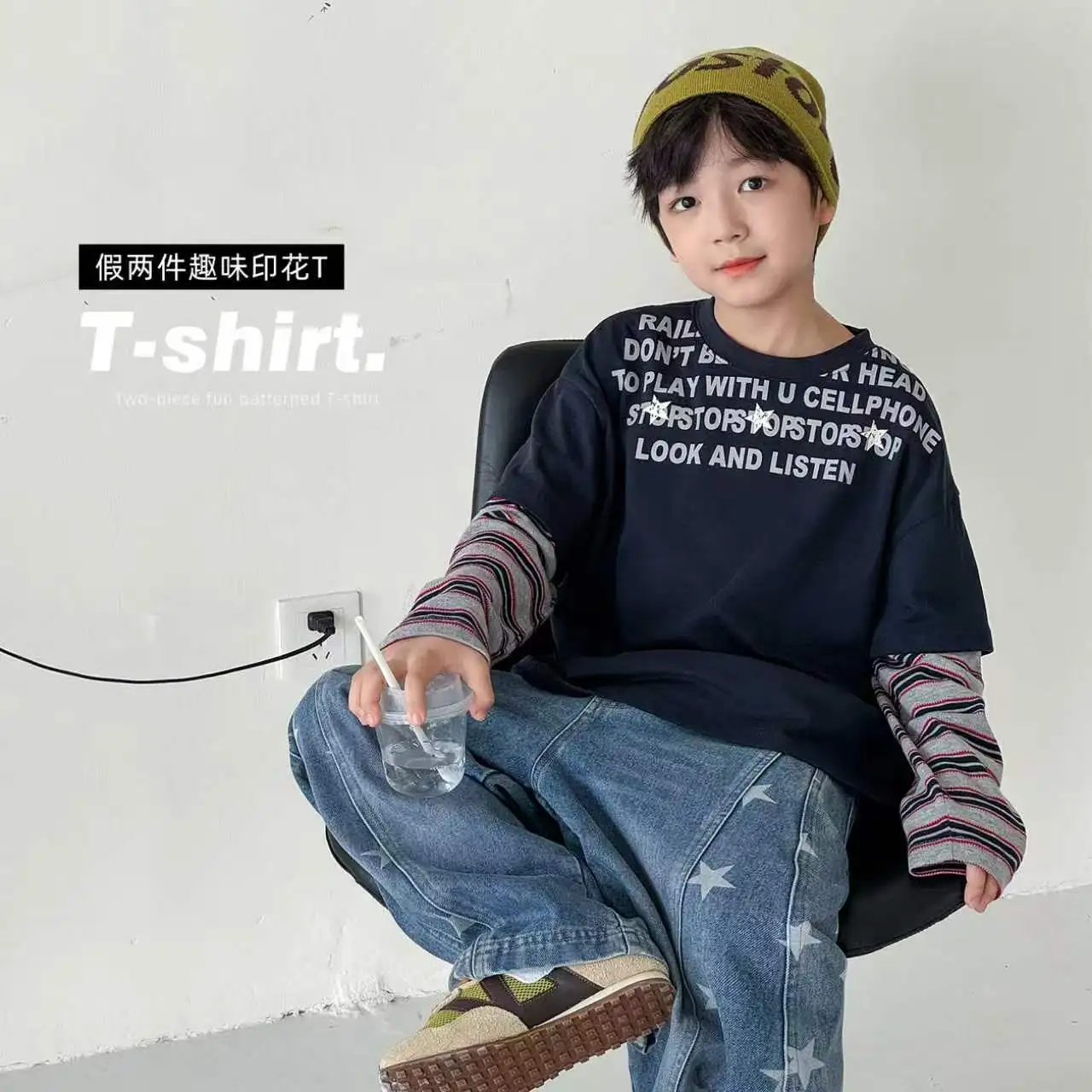 Boys T-shirt 2026 Autumn and Winter New Children's Clothing Korean Style Boys and Girls Fashion Stripe Sleeve Fake Two T-shirts
