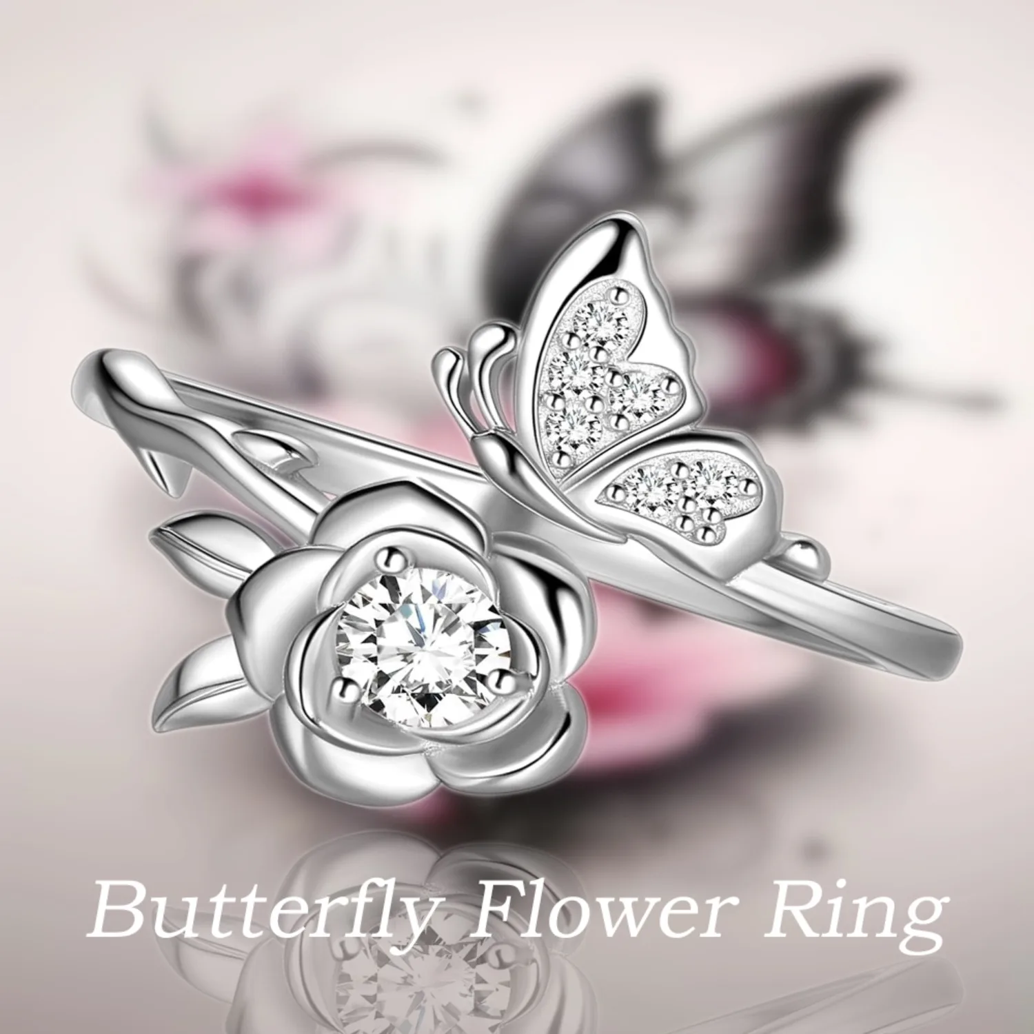 1Pc Elegant Butterfly Flower Open Ring Exquisite Women's Engagement Ring Fashion Daily Accessory Perfect Jewelry Gift for Wife