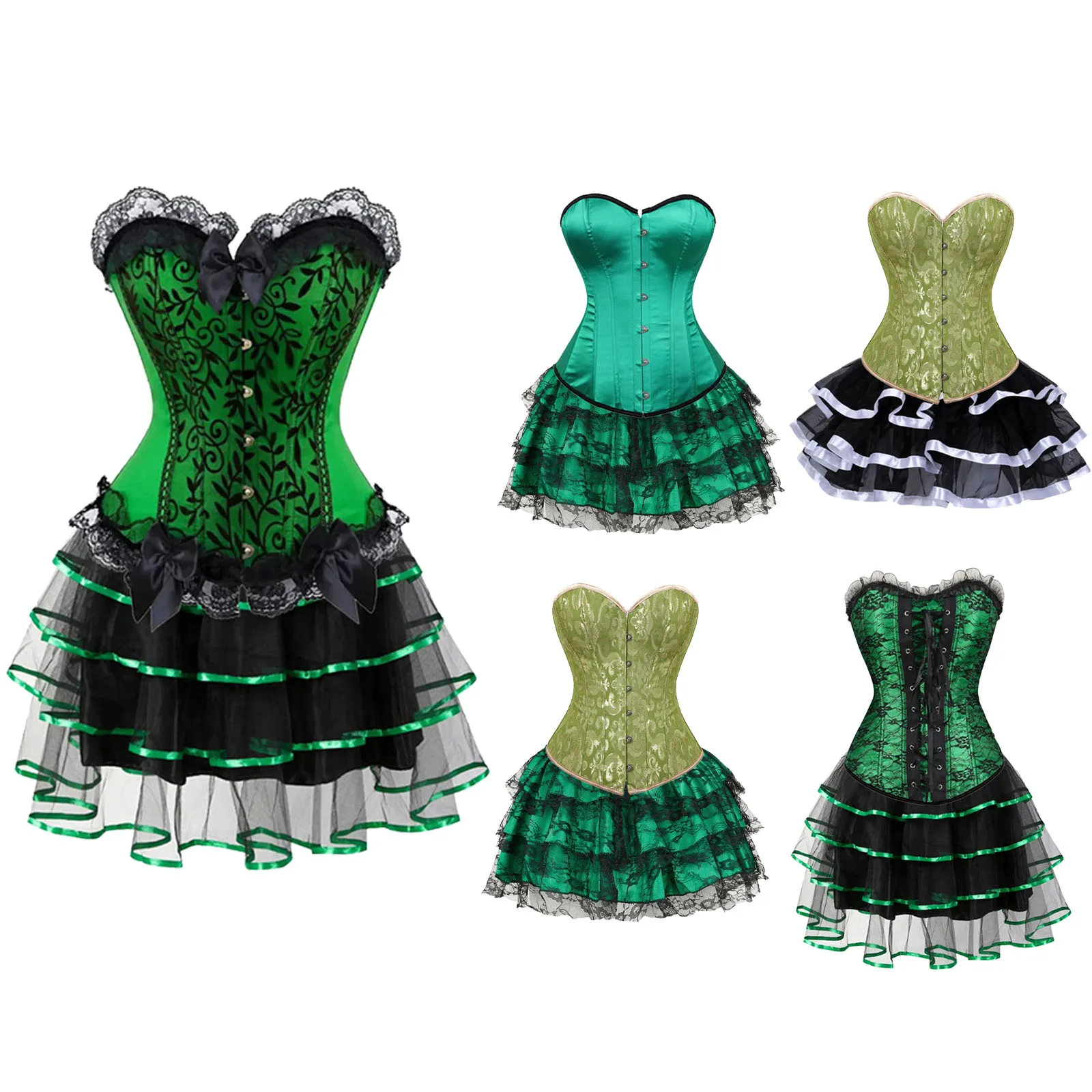 

Green Vintage Corset Dresses Bustier Skirt Tutu Sets Lace Victorian Corsets with Mini Skirt Poison Ivy Cosplay Costume