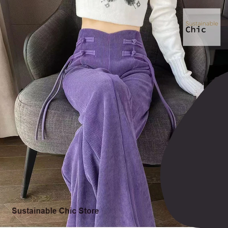 Chinese style plus cashmere pants for women in autumn and winter with high waist and drooping chenille straight wide-leg pants.