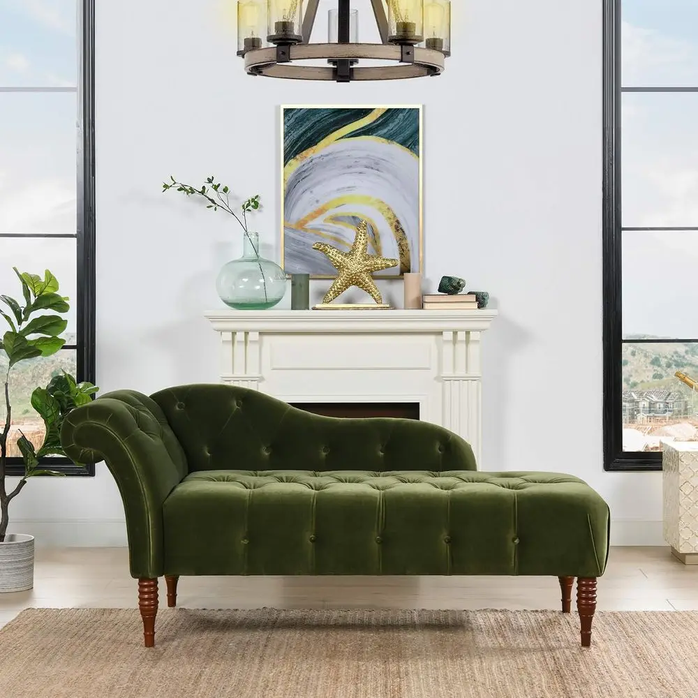 

Olive Green Velvet Roll Arm Chaise Lounge