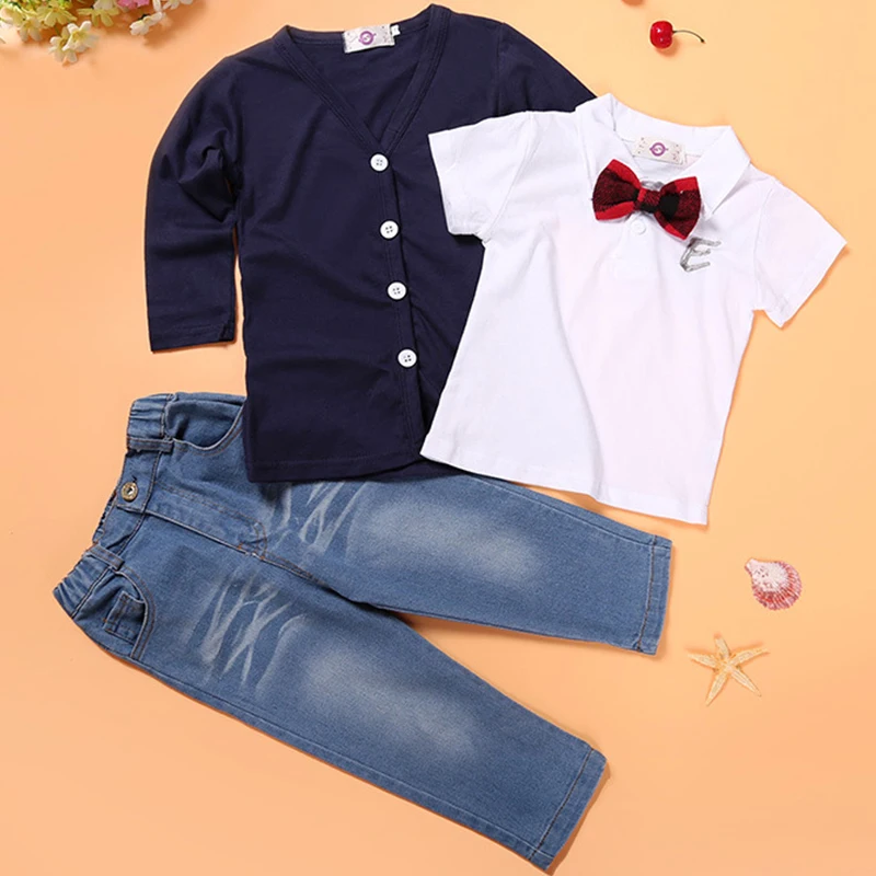 Spring Autumn Baby Boy Outfit Korean Fashion Gentleman Tie Tops+Cardigan+Jeans Kids Boutique Clothes Children\'s Sets BC1336-1