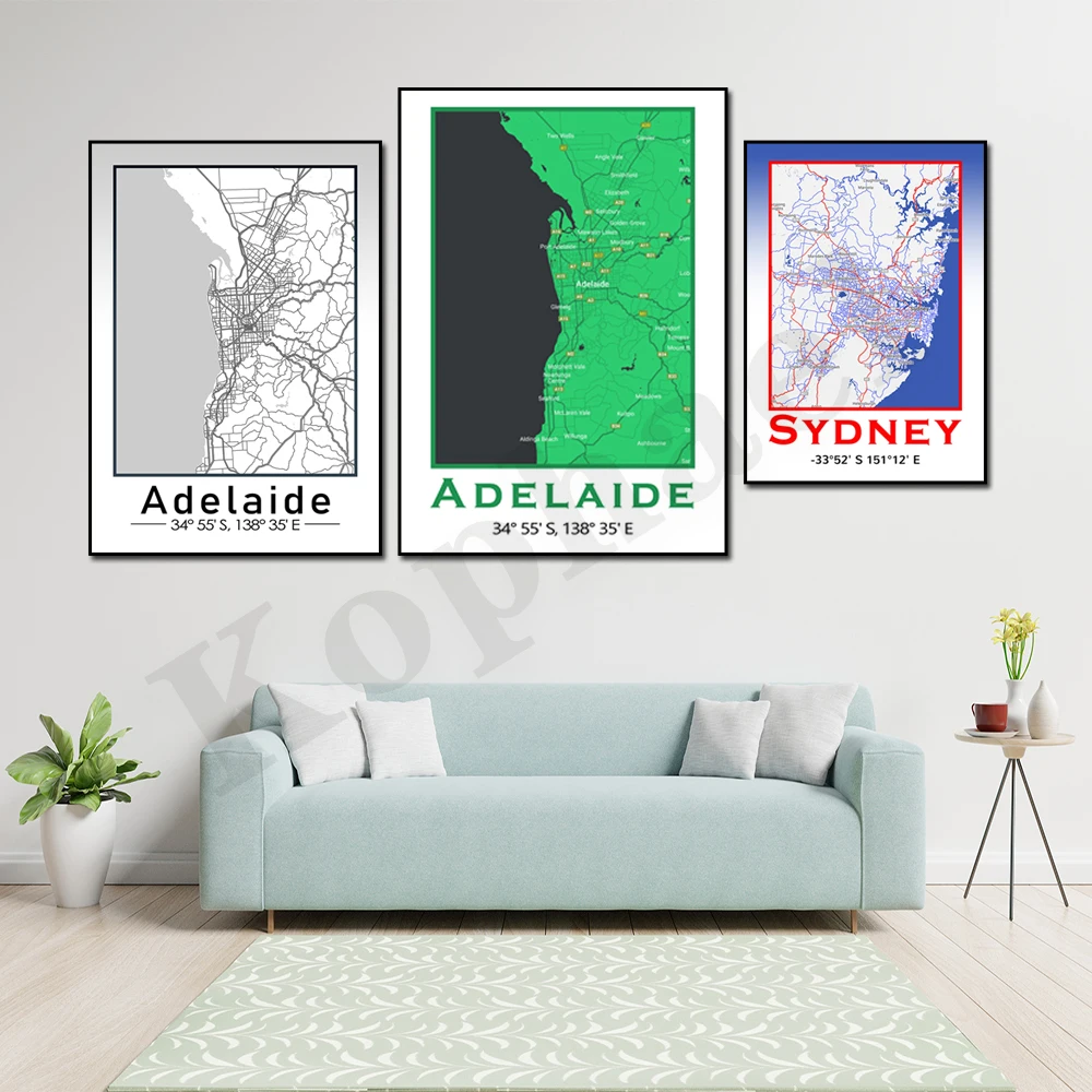 Sydney Adelaide Red White Blue Green Color Map Home Wall Decor Poster