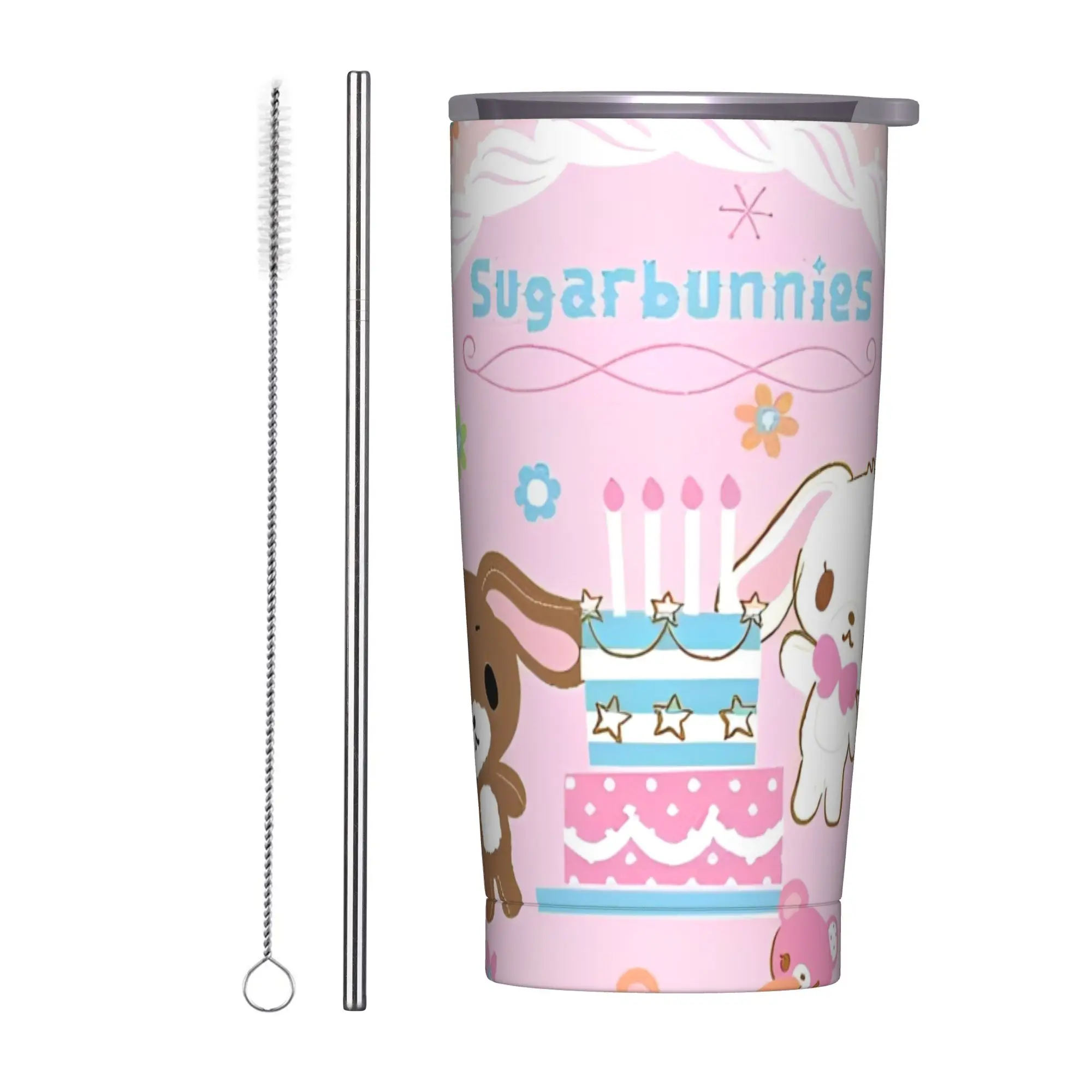 

Изолированный стакан с милыми сахарными кроликами и крышкой, мультяшная вакуумная термокружка, офисная домашняя чашка для горячих и холодных напитков, 20 унций
