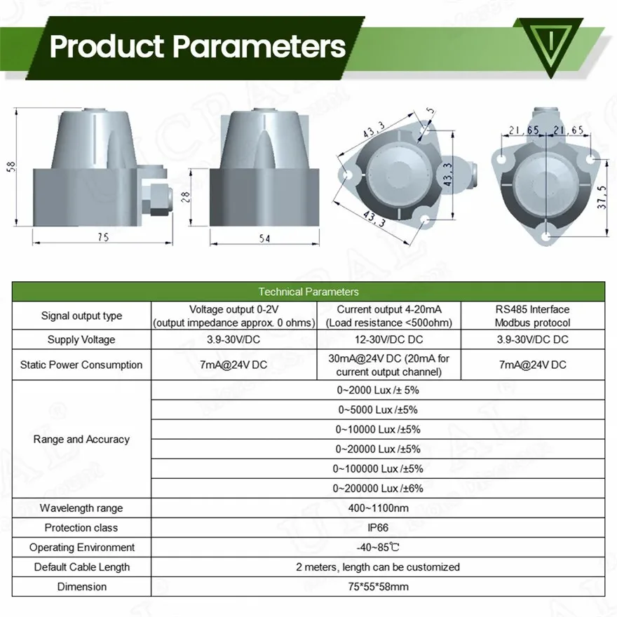 Ambient Light Illuminance Sensor Module 4-20mA RS485 Modbus 400-1100NM Sunlight Intensity Transmitters Measuring 0-200000LUX