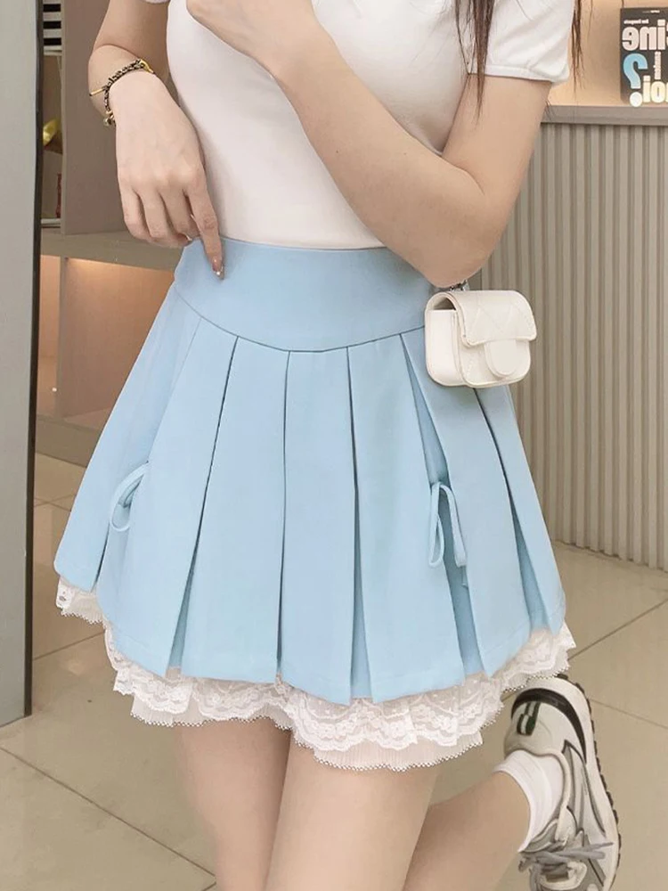 

Японская мини-юбка в стиле преппи для женщин, летняя, с милым бантом, кружевными вставками и плиссировкой, модная однотонная, милая, А-силуэт, повседневная юбка для студенток