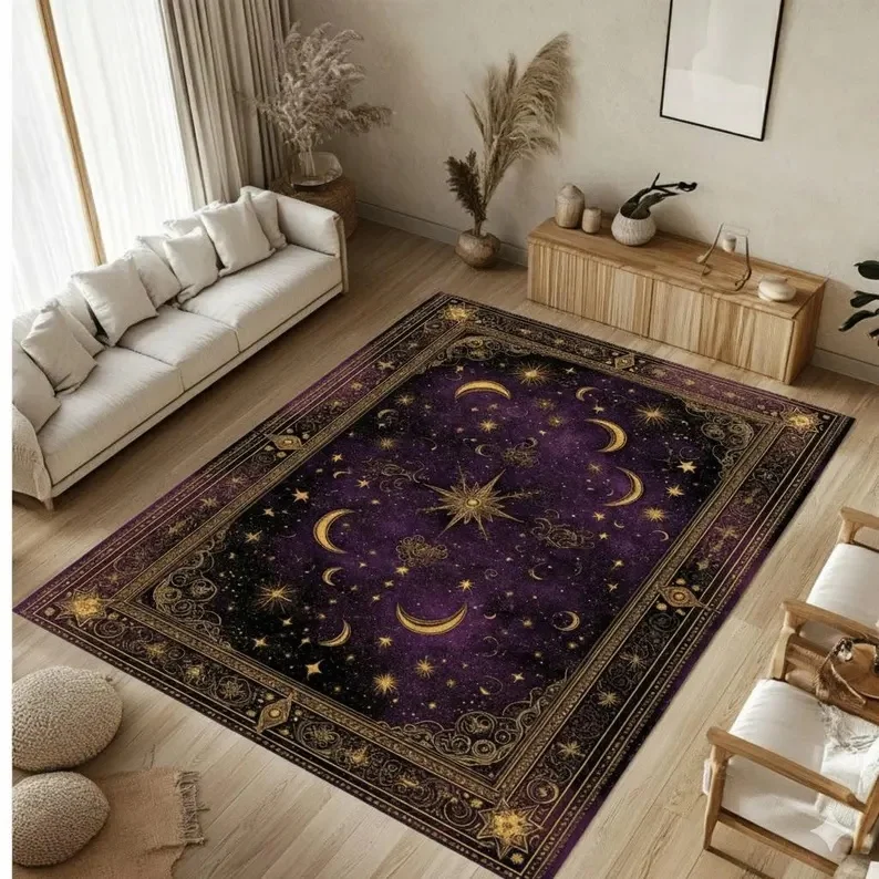 Royal Purple Bohemian Moon and Stars Carpet Mystical Cosmic Design with Golden Celestial Patterns Rug for Living Room Bedroom