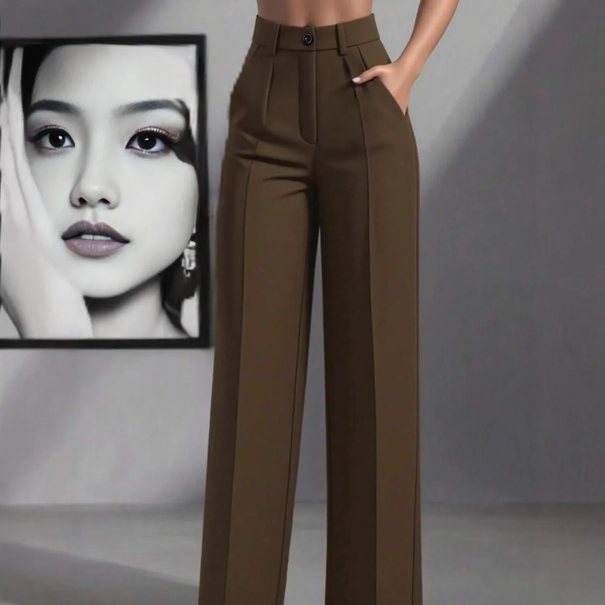 New Elegant Fashionable Casual Women's High-waisted  Draped Straight-cut Pocket Slimming Versatile Simple Solid Women Chic Pants - view 6