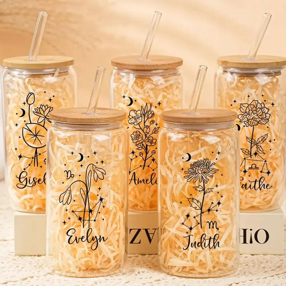 Custom Zodiac Birth Flower Libbey Glass Cup with Bamboo Lid and Straw, Clear Glass Can for Iced Tea Juice, Astrology Floral.
