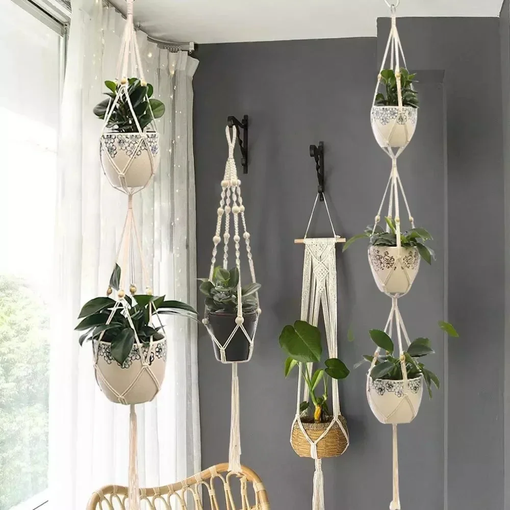 

Green Plant Hanging Basket Cotton Rope Hanger Flower Pot Handmade Macrame Plant Hanger Wall Boho Courtyard Garden Home Decor