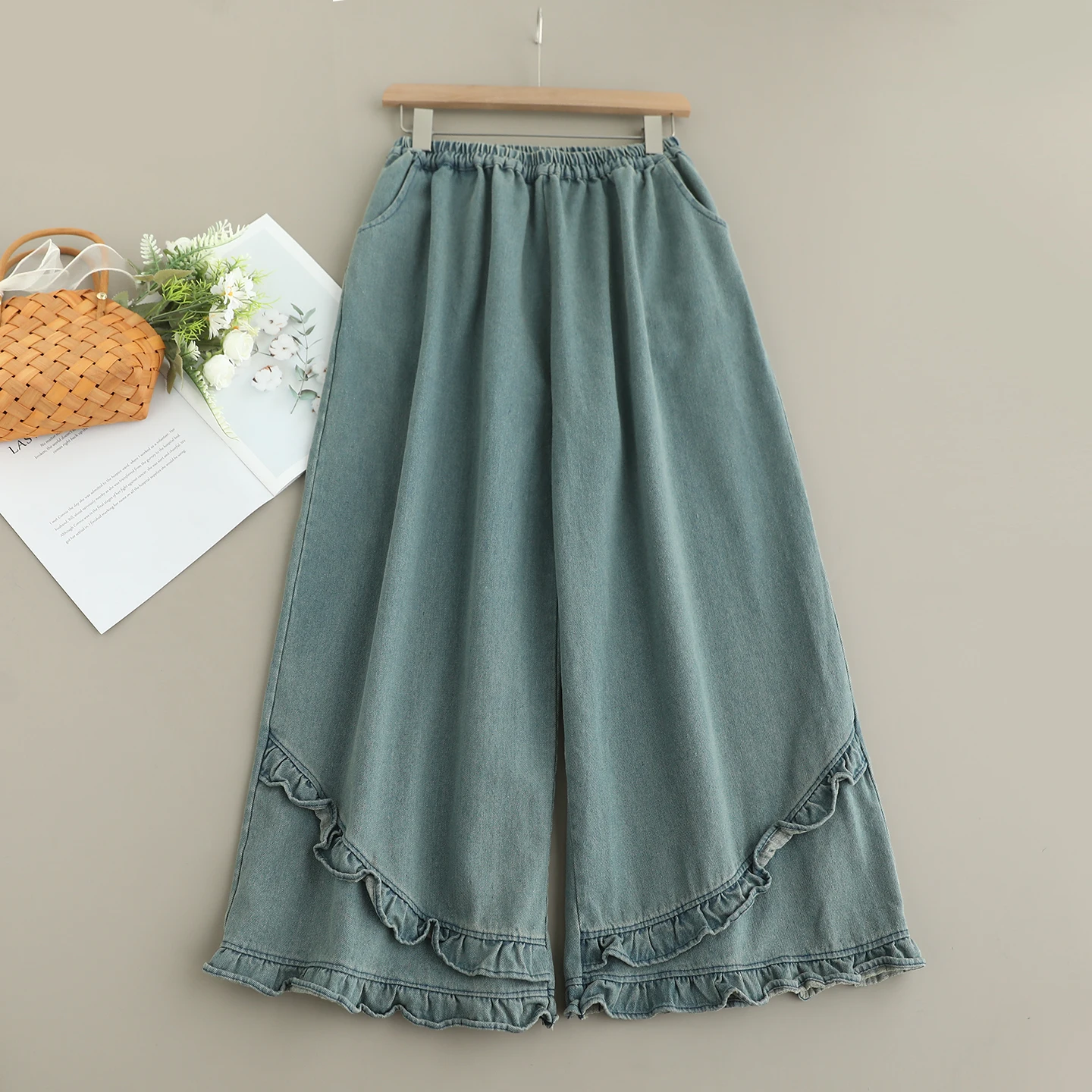 일본 빈티지 모리 걸 솔리드 컬러 데님 와이드 레그 팬츠 여성 가을 새로운 탄성 허리 캐주얼 루즈 스트레이트 청바지 바지