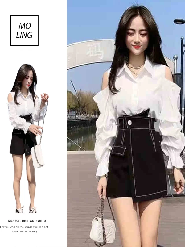 

Elegant White Shirt And High Waist Short Skirt Two Piece Set Spring Summer New Design Thin Fashion Women's Clothing Set