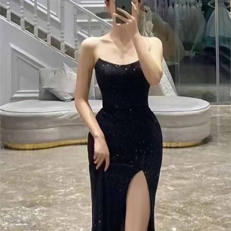 

Black Paillette Evening Wear Graceful Tube Top Goddess Split Fishtail Birthday Party Dress