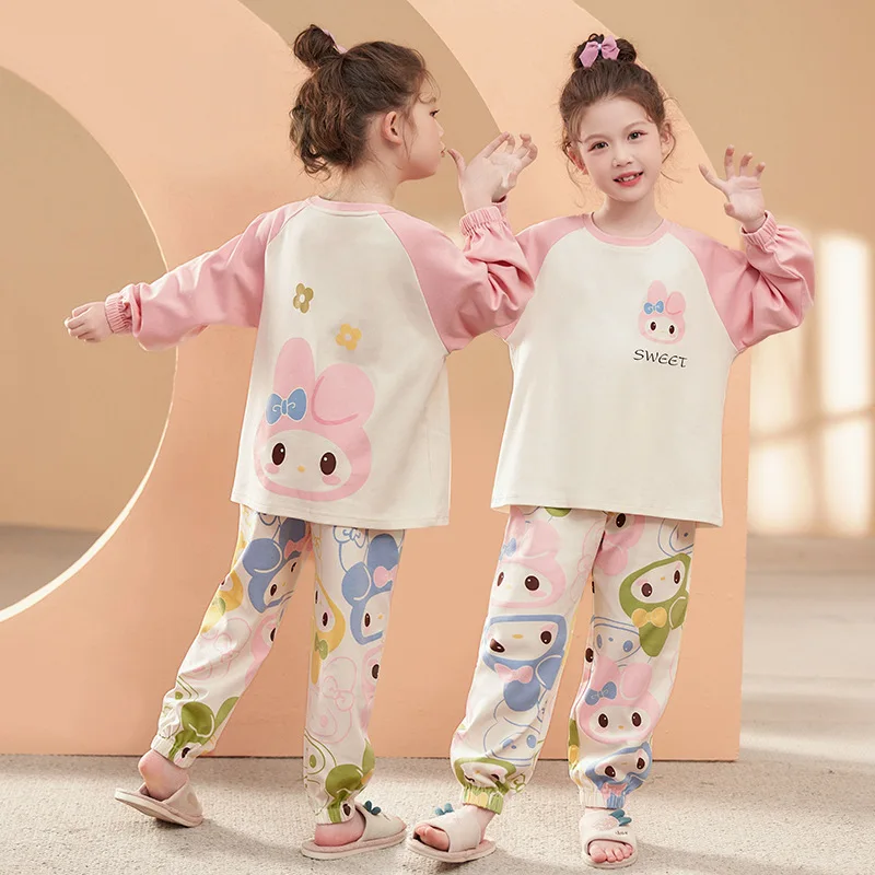 Kawaii Sanrios Girl Pajamas Long Sleeves Pure Cotton Suit Kuromi Can Be Worn Outside Child Spring Autumn Lounge Clothes New