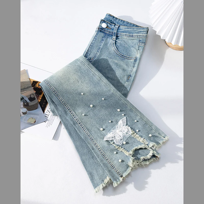 Chic Peal Beading Flared Jeans Women Trendy High Waist Slim Ankle-Length Denim Pants Irregular Tassels Butterfly Lace Blue Jeans