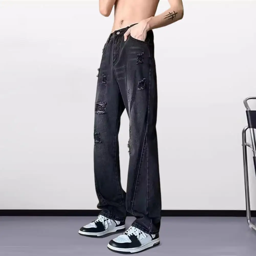 

Men Straight Jeans Distressed Style Men's Denim Pants Mid-rise Jeans With Zipper Closure Ripped Details Wide Leg Trousers Denim